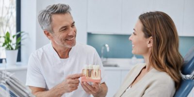Zahnarzt erklärt einer Patientin eine Implantatkrone anhand eines Zahnmodells