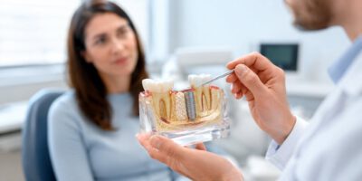 Zahnarzt erklärt den Knochenaufbau für ein Implantat anhand eines Kiefermodells